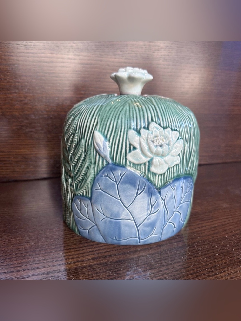 Vintage Henriksen Imports Majolica Water Lily Pad Fern Cheese Dome Lid NO PLATE